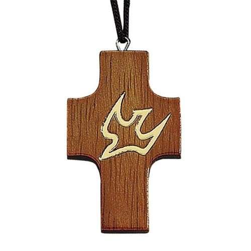 Cross wooden pendant with gold embossed dove