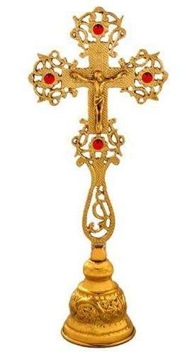30cm Solid Brass Ornate Crucifix with Ruby Stones