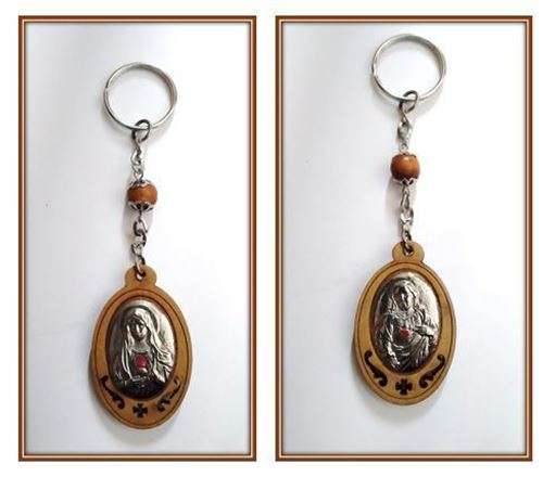 Key ring - Sacred Heart / Immaculate Heart wood & metal