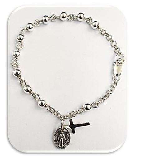 Sterling Silver One Decade Rosary Bracelet with Miraculous Medal and Cross