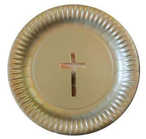 Gold Paper Plate with Gold Foil Cross - 23.5cm diameter (pkt 10)