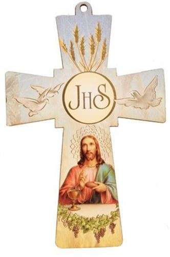 7.5cm Sacred Heart of Jesus with Chalice / JHS wooden cross
