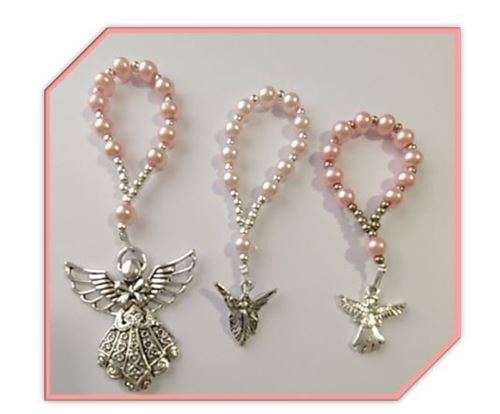 One Decade Pink Faux Glass Pearl Rosary with Angel