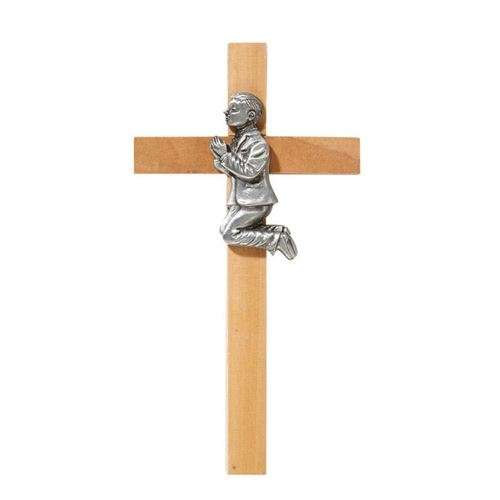 James Brennon - Praying Boy wooden Cross *Pewter figure