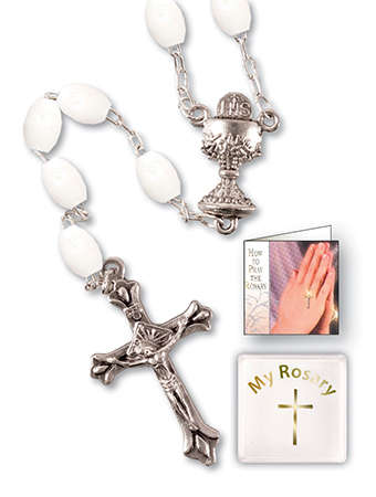 Oval White Bead Rosary - Boxed