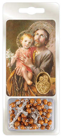 St Joseph Wooden Rosary and Holy Card - Gift Set