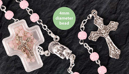 Pink Glass Mini Rosary in Cross box
