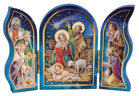 Wood Triptych - Nativity with gold Foil Highlights - 13cm