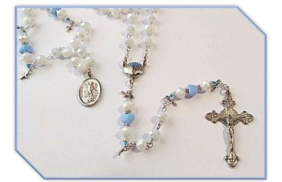 Baptism Rosary - White Crystal with Blue Hearts & St Michael medal - Limited Edition