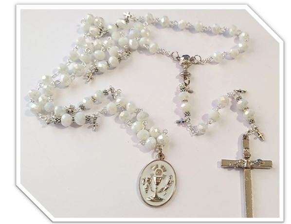 White Austrian Crystal Rosary with Eucharist, Chalice & Grapes medal - Limited Edition