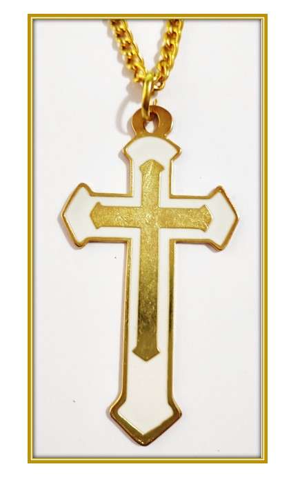 11.5cm Gold Cross With White Enamel Inlay - 1 Meter Chain