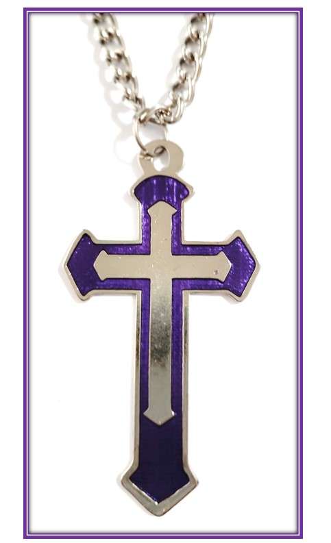 11.5cm Silver Cross with Purple Enamel inlay - 1 Meter chain