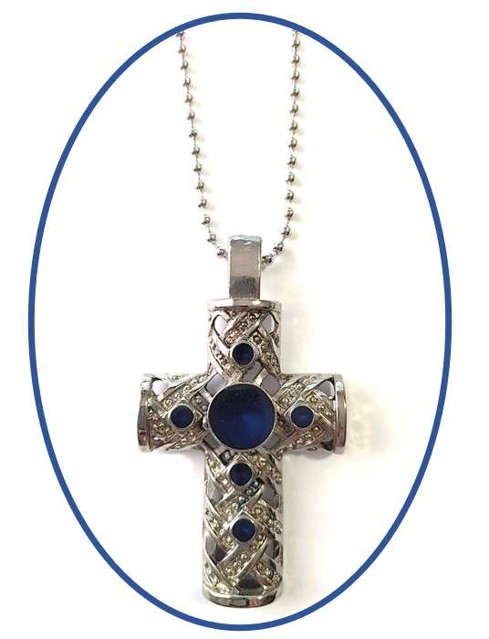 Pectoral Cross - 8cm With Blue Inlay & 60cm Ball Chain