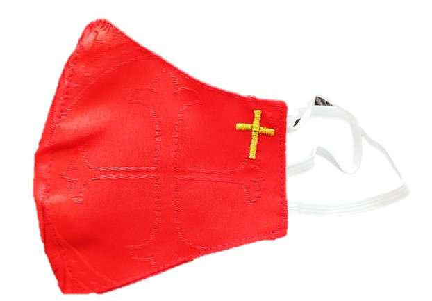 Red Liturgical Mask for Priest - Brocade / Damask fabric with cross Design