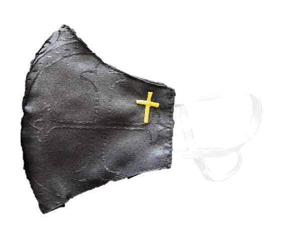 Black Liturgical Mask For Priest - Brocade / Damask Fabric With Cross Design