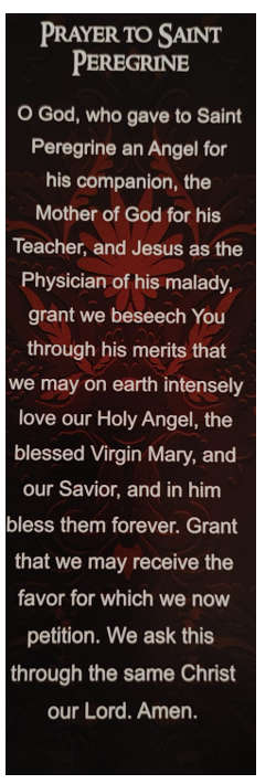 Prayer to St Peregrine Bookmark - Paton Saint for Cancer