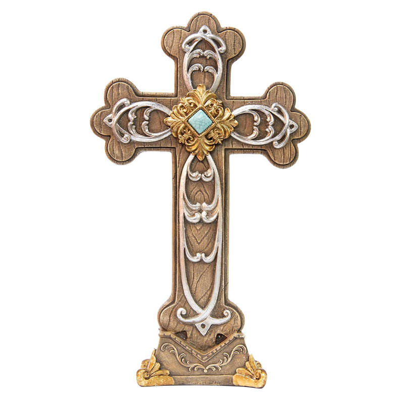 Standing 37 x 22cm Polystone Cross with ornate design