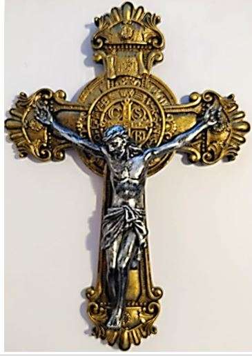 28cm St Benedict Two Tone Crucifix in Antique Silver & Gold