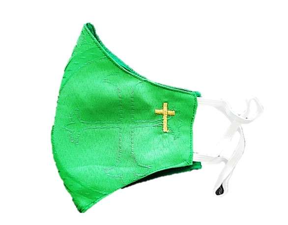 Green Liturgical Mask For Priest - Brocade / Damask Fabric With Cross Design