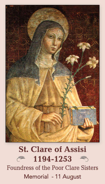 St Clare of Assisi Holy Card - Patron saint of Eye diseases, goldsmiths & Laundry
