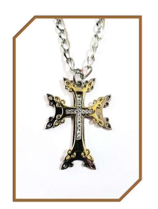 Two Tone Pectoral Cross with Diamante on 70cm Chain