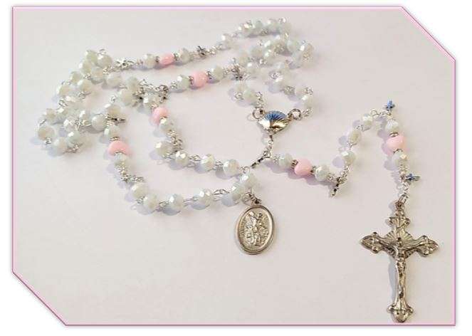 Baptism Rosary - White Crystal with Pink Hearts & St Michael medal - Limited Edition