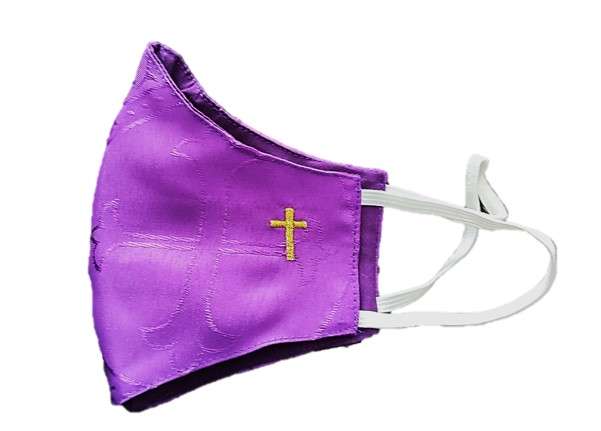 Purple Liturgical Mask For Priest - Brocade / Damask Fabric With Cross Design