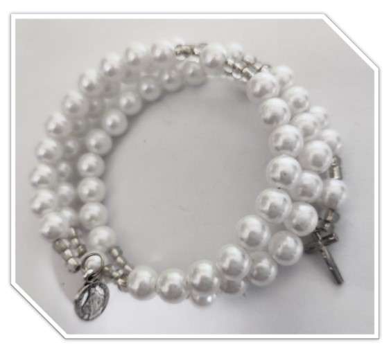 White faux pearl bracelet rosary - 8mm