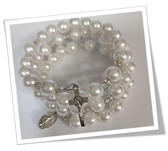 10mm White Faux Pearl 5 decade Bracelet Rosary