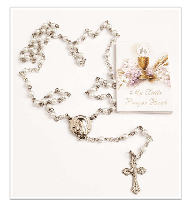 White Faux Pearl glass rosary with My First little Prayer book Gift Set