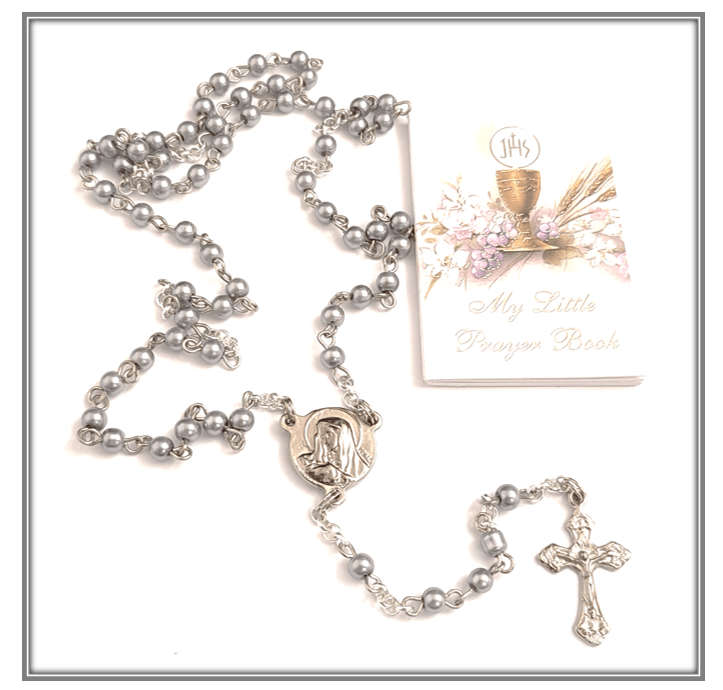 Silver Faux glass Pearl rosary with My First Little Prayer book - Gift Set