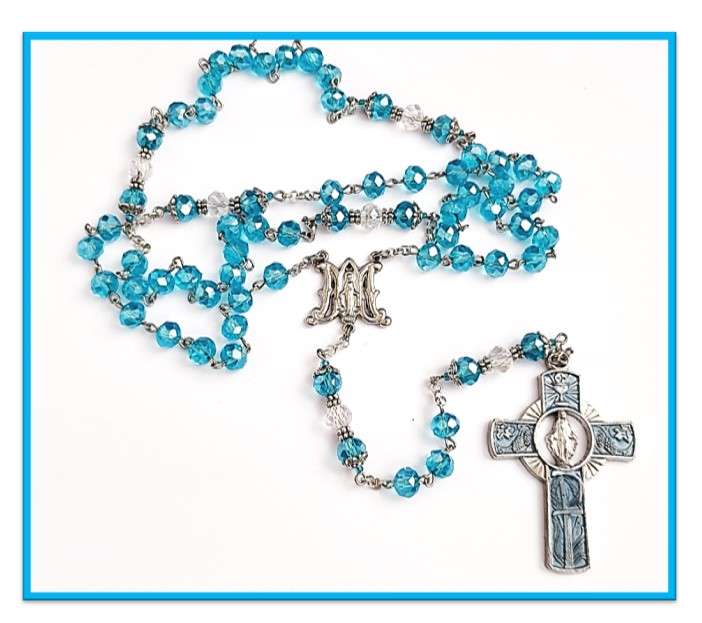 Our Lady of Grace Blue Crystal Glass Rosary with enamel inlay cross