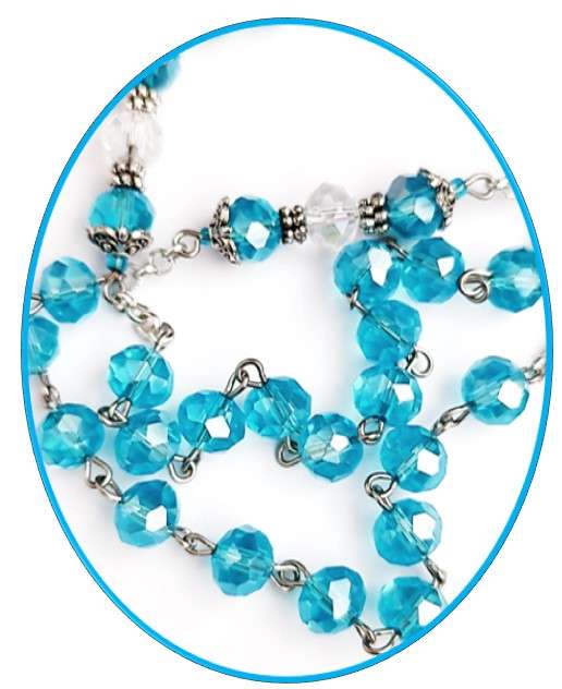 Our Lady of Grace Blue Crystal Glass Rosary with enamel inlay cross