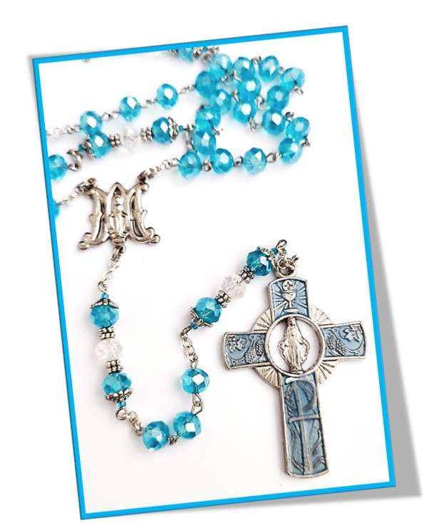 Our Lady of Grace Blue Crystal Glass Rosary with enamel inlay cross