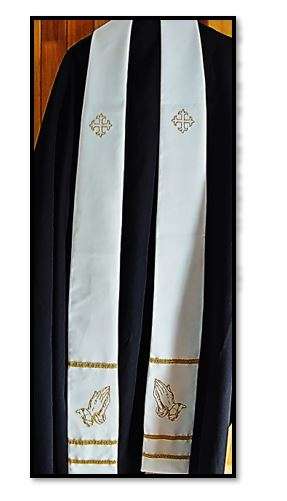 White two pointed Stole with golden embroidered praying hands