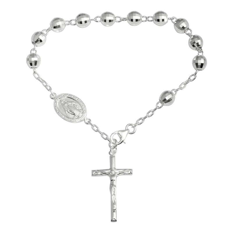 925 Sterling Silver Diamond Cut Rosary Bracelet with Miraculous Medal Center