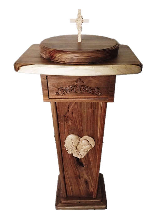 Baptism Font in Solid Kiaat & Beech Wood with Shelving at the Back