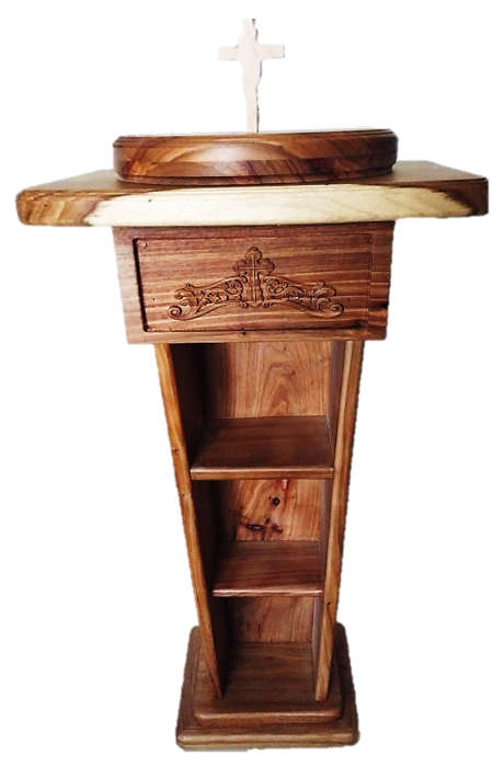 Baptism Font in Solid Kiaat & Beech Wood with Shelving at the Back