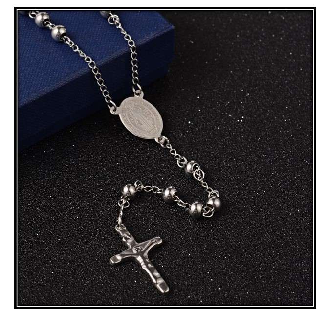 6mm Stainless Steel Rosary with St Benedict Centre