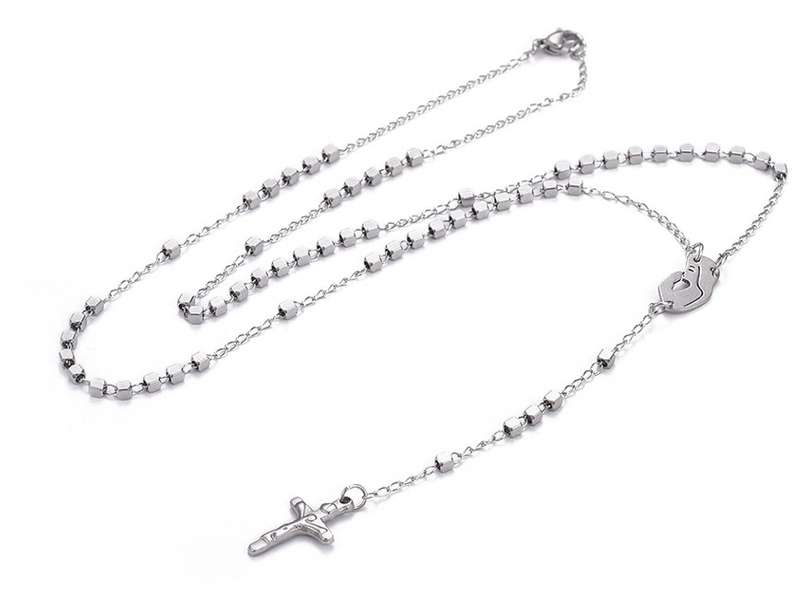Square Bead Stainless Steel Rosary with Madonna & Child