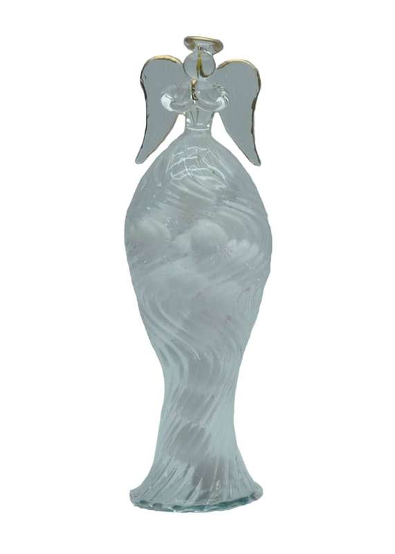 16.5cm Glass Angel praying - White Pom Pom glass filled Skirt