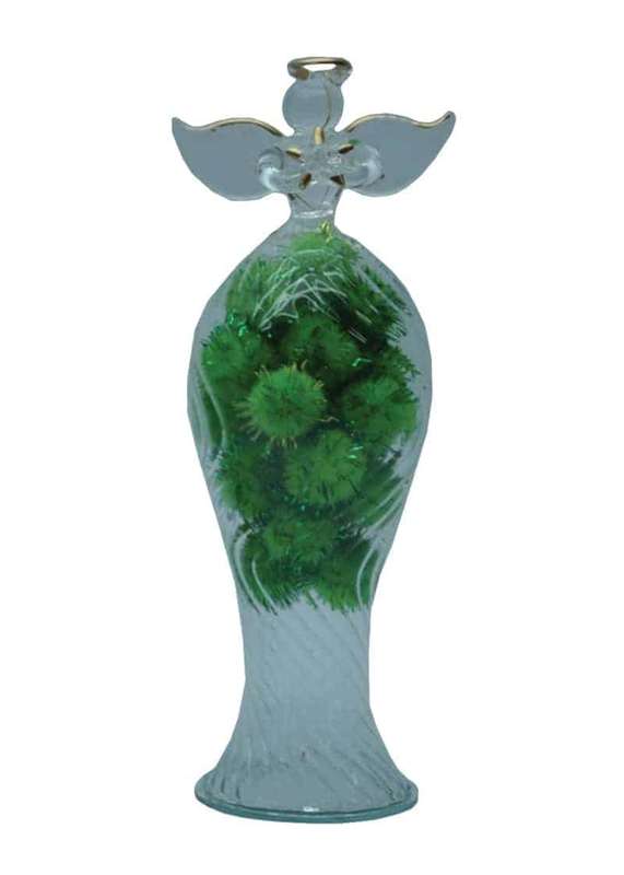 16.5cm Glass Angel holding golden star - Green Pom Pom filled Glass skirt