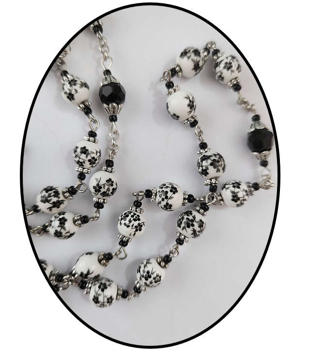 Porcelain Rosary with Black delicate Flowers
