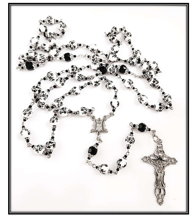 Porcelain Rosary with Black delicate Flowers