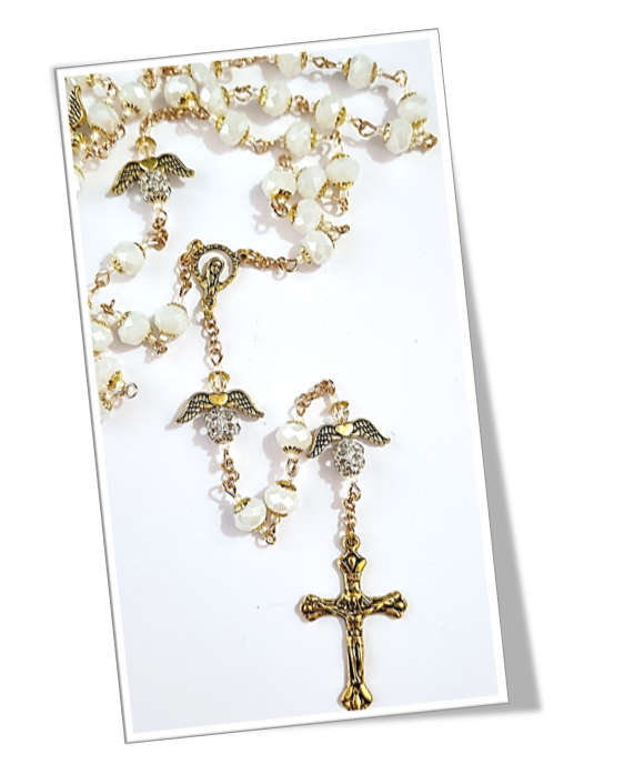 White & Gold Diamante' Angel Rosary