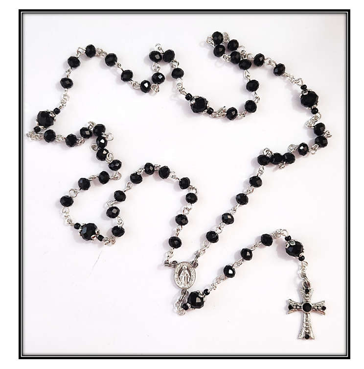 Black Austrian Glass Crystal Mini Rosary with Diamante Cross - Limited Edition