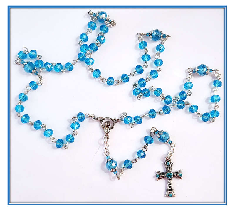 Sky Blue Mini Austrian Glass Crystal Rosary with Diamante' Cross - Limited Edition