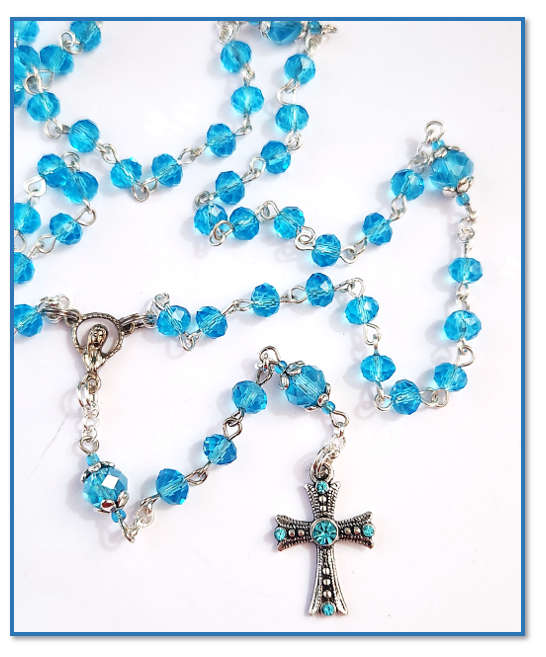 Sky Blue Mini Austrian Glass Crystal Rosary with Diamante' Cross - Limited Edition