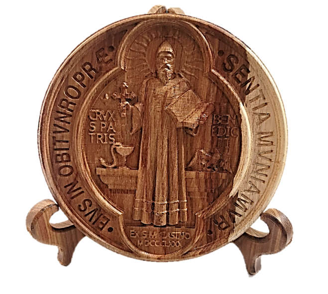 St Benedict Wooden Plaque with Stand
