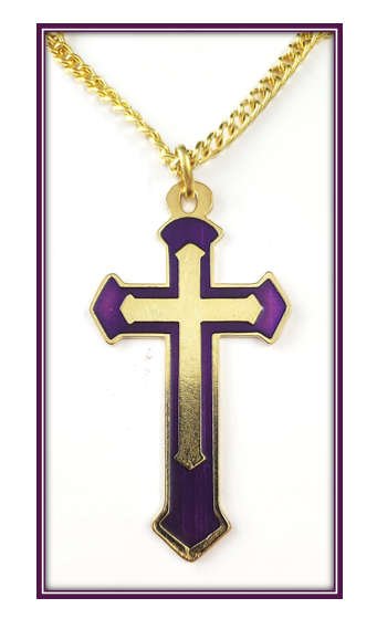 11.5cm Gold Cross With Purple Enamel Inlay - 1 Meter Chain